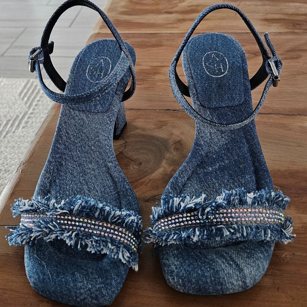 Ash Lover Rhinestone Frayed Denim Ankle Strap Chunky Flare Heel Sandal Size 7.5